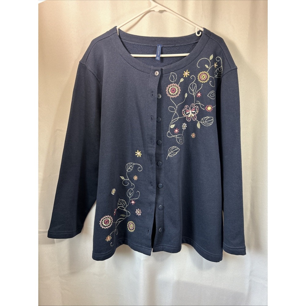 Embroidered Button Up Cardigan Size Women's 1X Flowers Butterflies Cottagecore